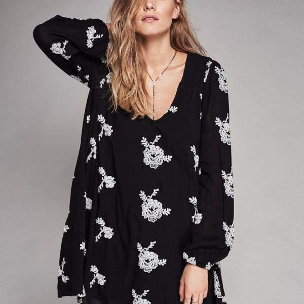 Free People Embroidered Austin Mini Dress in Black